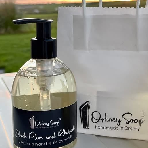 Orkney Soap Black Plum & Rhubarb hand & body wash with gift bag